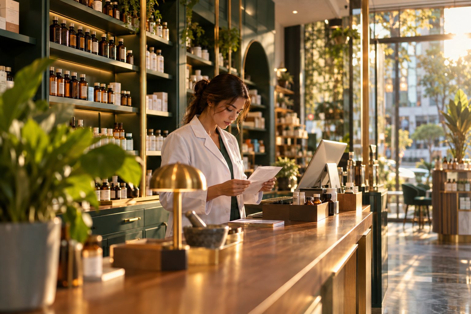 Interior premium da Farmácia Vida Plena em Rondonópolis, farmacêutica atendendo no balcão